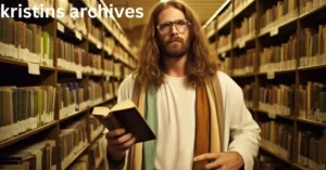 a person with long hair and beard holding a book in a library